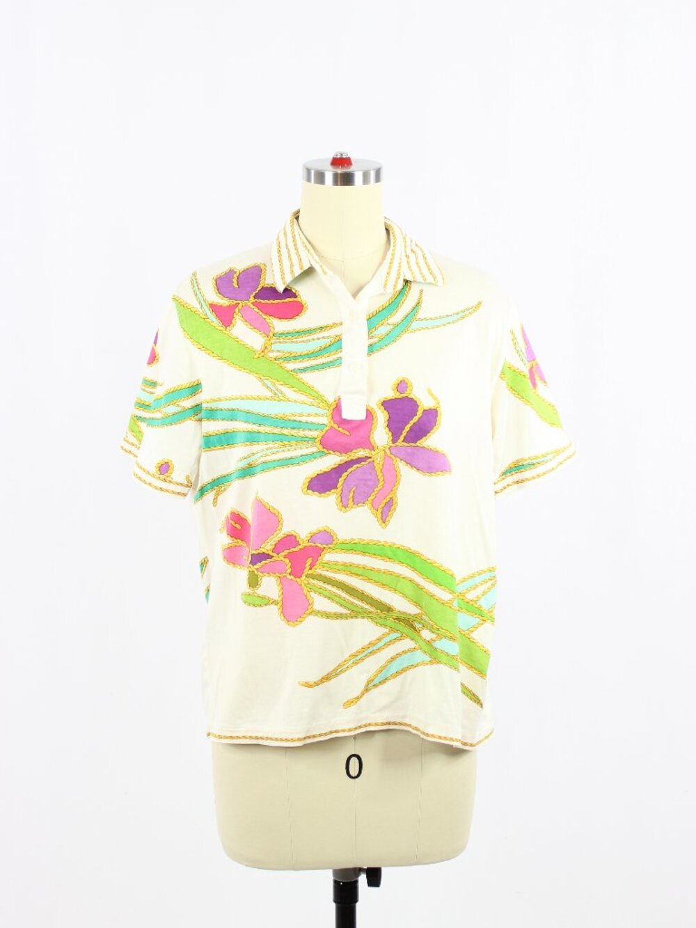 Vintage 90's PIENA SPORTS Ivory Floral Print 100% Cotton Knit Polo Top, Size 4